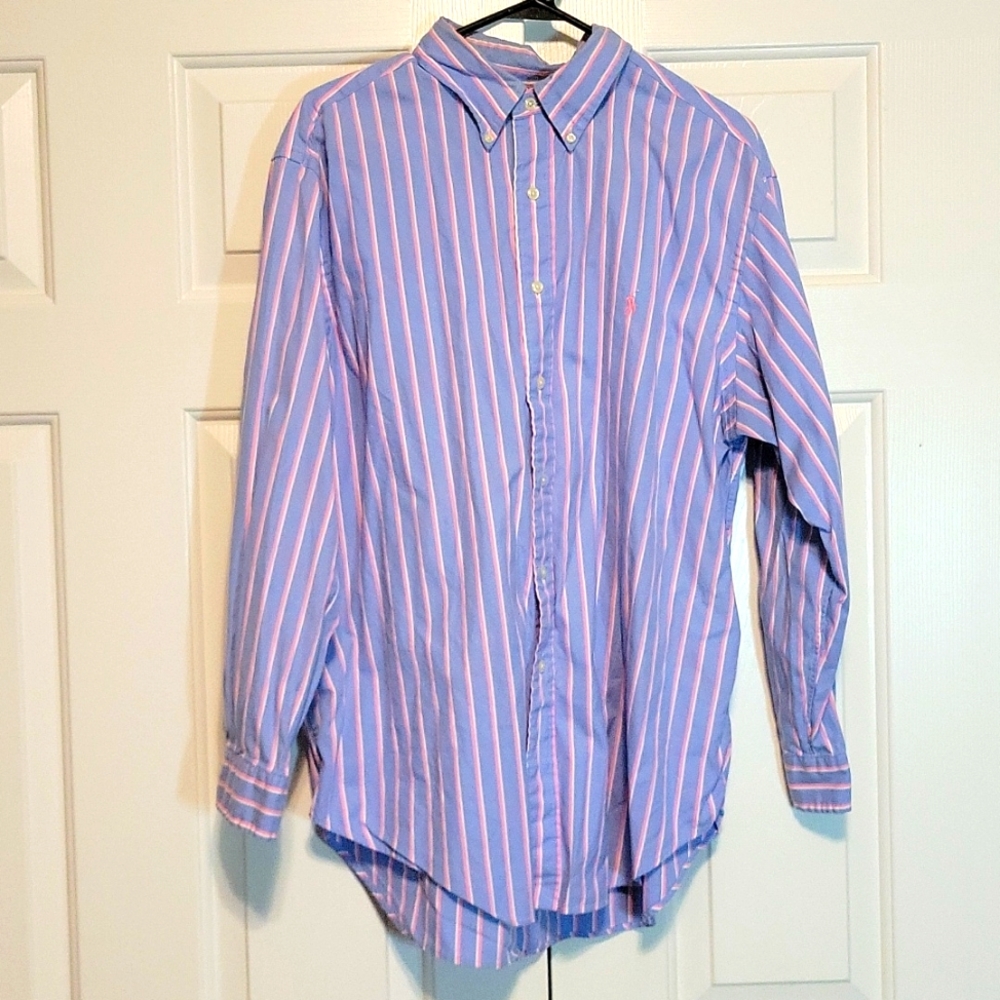 Ralph Lauren Blue/Pink 17 32/33 Button Down Collared Dress Shirt